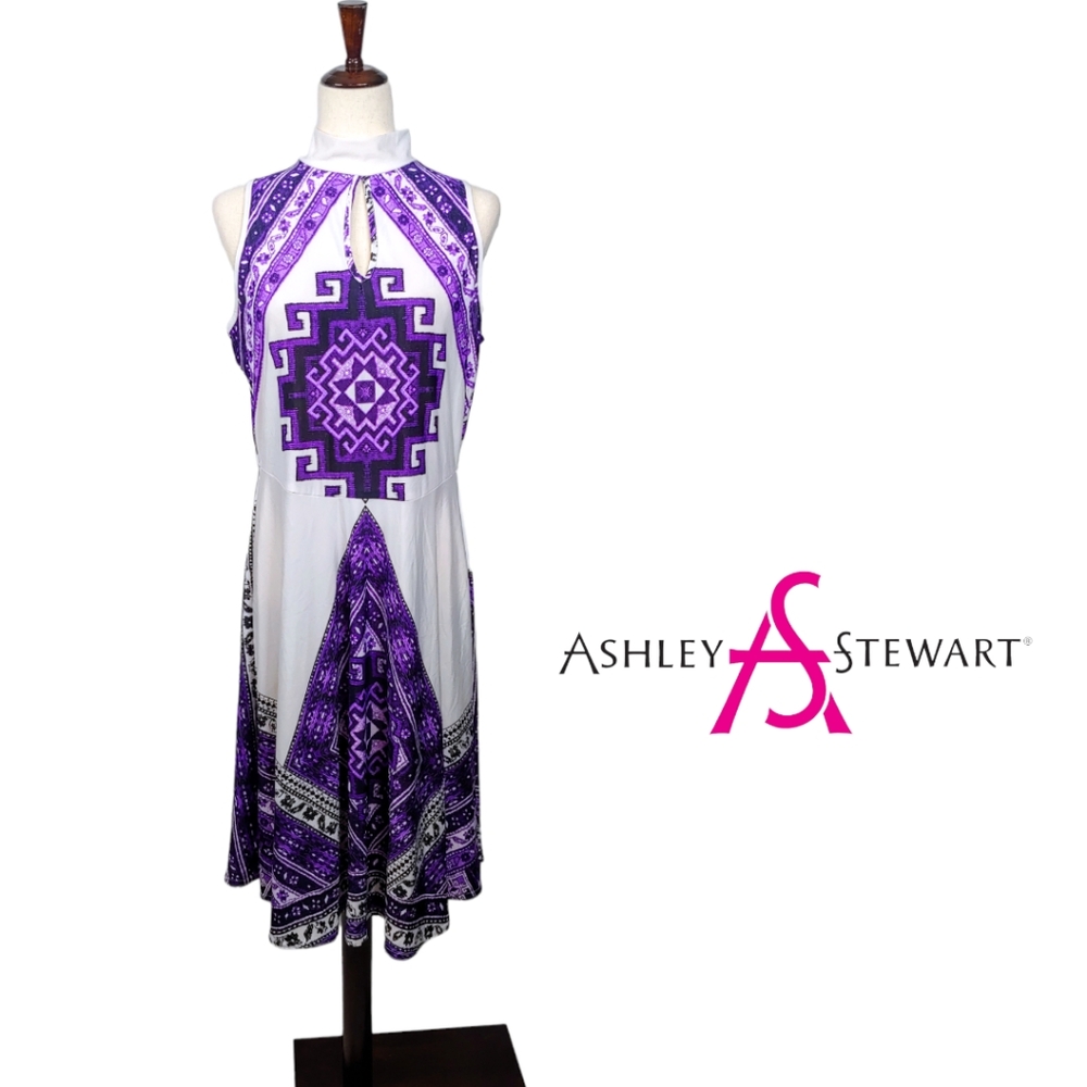 Ashley Stewart Mock Neck Keyhole Multi Print Mosaic Sleeveless Midi Dres… - Picture 8 of 14